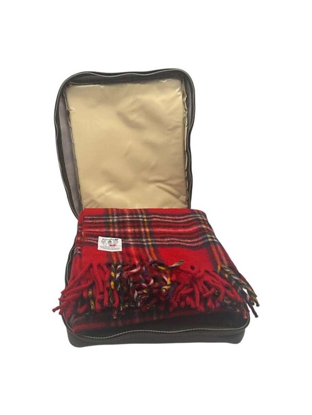 Red Plaid Vintage Faribo Wool Blanket with Carrying Case, Fringed Stadium Throw